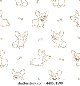 Seamless pattern with cute cartoon dogs breed Welsh Corgi Pembroke on white  background. Little puppies and bones. Children's illustration. Vector contour image. Funny animals.