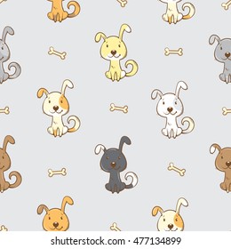 Seamless pattern with cute cartoon dogs  on  gray  background. Little puppies and bones. Children's illustration. Vector image. Funny animals.