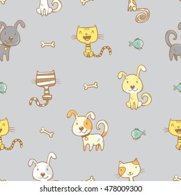 Seamless pattern with cute cartoon dogs  and cats on  gray  background. Little puppies and kittens with  bones and fishes. Children's illustration. Vector image. Funny animals.