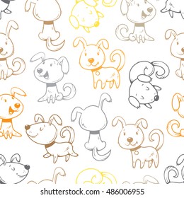Seamless pattern with cute cartoon dogs on white  background. Little puppies. Funny animals. Vector contour colorful image. Children's illustration.