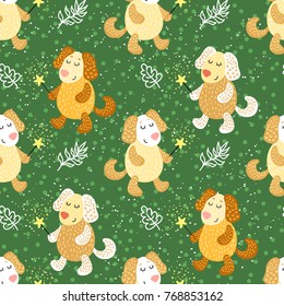 Seamless pattern with cute cartoon dogs with magic wands and leaves
