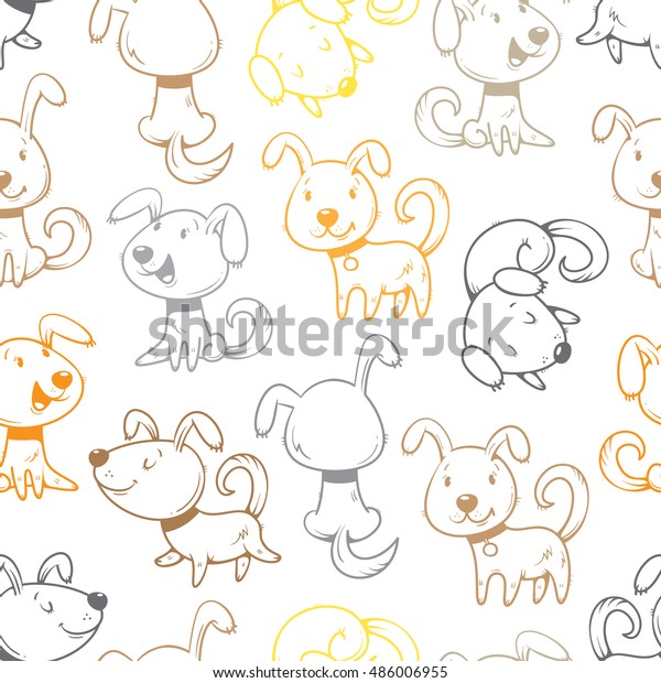 Seamless pattern with cute cartoon dogs on white background. Little ...