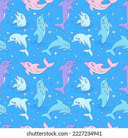 Seamless pattern and cute cartoon dolphins  Hand drawn vector background  Retro modern texture for textile  wrapping paper 