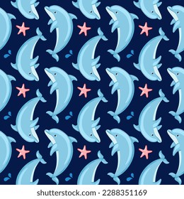 Seamless pattern with cute cartoon dolphins and starfish. Vector illustration. Cartoon style, blue background. For printing, design, wallpaper, decor, textiles and packaging
