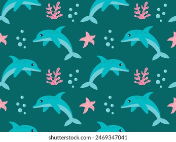 Seamless pattern with cute cartoon dolphins, starfish on a blue background. vector illustration in flat style for textile, wrapping paper, wallpaper, children's walls.