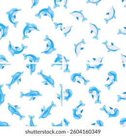 Seamless pattern with cute cartoon dolphins swimming on white background