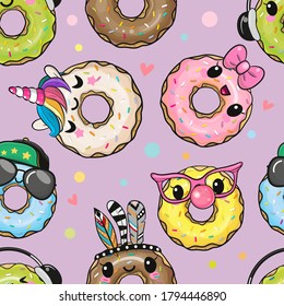 Seamless Pattern and cute cartoon donuts