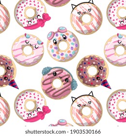 Seamless pattern with cute cartoon donuts. Flat cartoon vector illustrartion