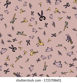 Seamless pattern with cute cartoon doodle pet shop characters. Pictured are birds, carrots, rabbit, scissors. For registration of covers of printed materials, printing on fabrics and children's things