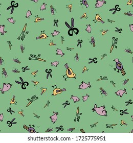 Seamless pattern with cute cartoon doodle pet shop characters. Pictured are birds, carrots, rabbit, scissors. For registration of covers of printed materials, printing on fabrics and children's things