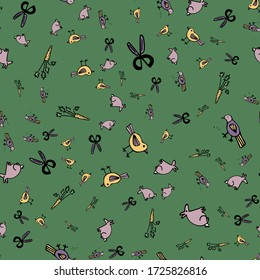 Seamless pattern with cute cartoon doodle pet shop characters. Pictured are birds, carrots, rabbit, scissors. For registration of covers of printed materials, printing on fabrics and children's things