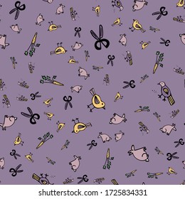 Seamless pattern with cute cartoon doodle pet shop characters. Pictured are birds, carrots, rabbit, scissors. For registration of covers of printed materials, printing on fabrics and children's things