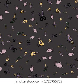 Seamless pattern with cute cartoon doodle pet shop characters. Pictured are birds, carrots, rabbit, scissors. For registration of covers of printed materials, printing on fabrics and children's things