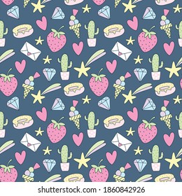 patrón impecable con estilo de doodle lindo de dibujos animados, sobre fondo azul