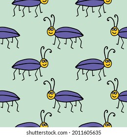 Nahtloses Muster mit süßem Cartoon doodle linearem Bug einzeln auf Hintergrund. 