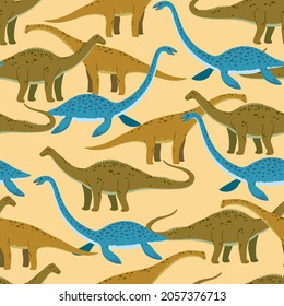 Seamless pattern with cute cartoon doodle dinosaurs, diplodocus, giraffe titan and plesiosaur. Adorable children design.