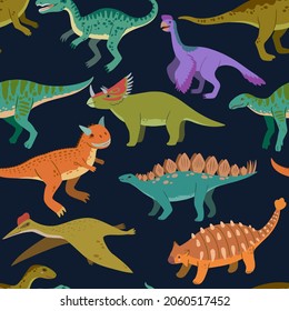 Seamless pattern with cute cartoon doodle dinosaurs and nature elements, rocks, leaves and stars. Cute children design.