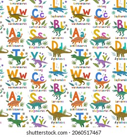 Seamless pattern with cute cartoon doodle dinosaurs, nature elements and hand drawn letters. Adorable children design.