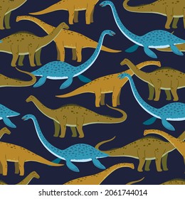 Seamless pattern with cute cartoon doodle dinosaurs, diplodocus, giraffe titan and plesiosaur. Adorable children design.