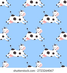 Patrón sin fisuras linda vaca de dibujos animados repetido sobre fondo azul. Concepto de vida de granja divertida y diseño amigable para los niños. Conveniente para los textiles de los niños, empaquetado, proyectos de marca juguetones