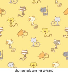 Seamless pattern with cute cartoon doodle cats on  yellow  background. Little colorful kittens. Funny animals. Children's illustration. Vector  image.