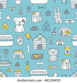 seamless pattern with cute cartoon doodle pet shop icons - logo, dog, cat, mouse, rabbit, cage, bird, fish, collar, bone, kennel, malt paste, food, pills, scissors, tray, aquarium, turtle, shampoo