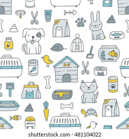 seamless pattern with cute cartoon doodle pet shop icons - logo, dog, cat, mouse, rabbit, cage, bird, fish, collar, bone, kennel, malt paste, food, pills, scissors, tray, aquarium, turtle, shampoo