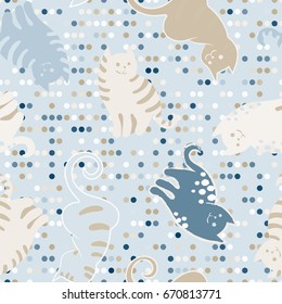 Seamless pattern with cute cartoon doodle cats on blue dotted digital background. Little kittens. Funny animals. Children's illustration. Vector image. Eps-8
