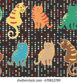 Seamless pattern with cute cartoon doodle cats on brown dotted digital background. Little colorful kittens. Funny animals. Children's illustration. Vector image. Eps-8