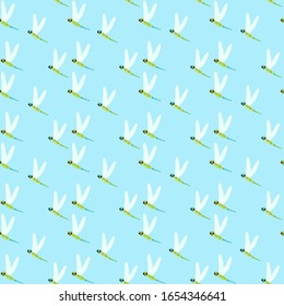 Seamless pattern with cute cartoon dragonflies in one direction on blue background. Flat vector illustration.
