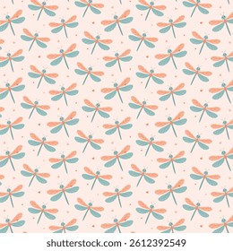 Seamless pattern with cute cartoon dragonflies and little hearts. Pastel colors, hand drawn style. Perfect for kids textiles, nursery, wrapping paper, and spring design projects.