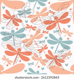 Seamless pattern with cute cartoon dragonflies and little hearts. Pastel colors, hand drawn style. Perfect for kids textiles, nursery, wrapping paper, and spring design projects.