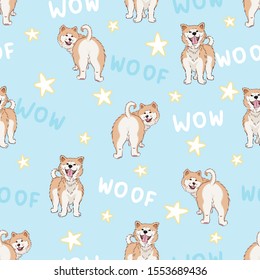 seamless pattern with cute cartoon drawing dogs akita, funny adorable pets, on blue background with stars, perfect for kids fabric, textile, decoration, editable vector illustration