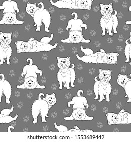 nahtloses Muster mit süßen Cartoon-Zeichenhunden, Husky, Alaskan-Malamute, akita, Samoy, zornigen, lustigen und zornigen Haustieren, auf grauem Hintergrund, bearbeitbare Vektorgrafik für Stoff, Textilien, Dekoration