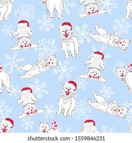 seamless pattern with cute cartoon drawing funny white dog in christmas hats with candy cane on light blue background with snowflakes, editable vector illustration for fabric, textile, decoration