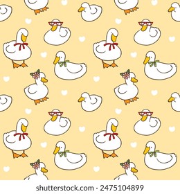 Seamless Pattern of Cute Cartoon Duck and Heart Design on Yellow Background