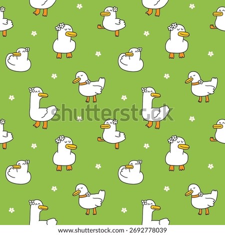 Seamless Pattern of Cute Cartoon Duck Design on Green Background. Hand Drawn Vector Illustration. Not AI Generated.