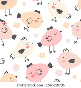 Seamless pattern of cute cartoon Easter chickens in various poses on a white background. Easter spring background. Funny birds for children's decoration. Design textiles, fabric, packaging. Hand drawn