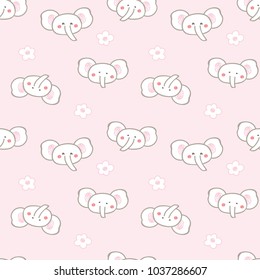 Seamless Pattern of Cute Cartoon Elephant Face and Flower Design on Pink Background