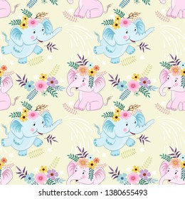 Seamless pattern with cute cartoon elephant and flowers fabric texyile.