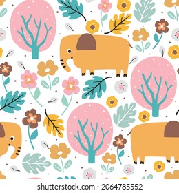 Seamless pattern with cute cartoon elephant and plant for fabric print, textile, gift wrapping paper. colorful vector for textile, flat style
