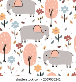 Seamless pattern with cute cartoon elephant and tree for fabric print, textile, gift wrapping paper. colorful vector for textile, flat style