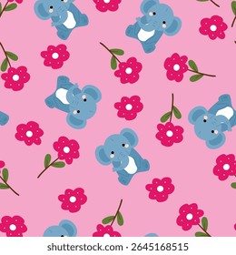 Seamless pattern cute cartoon elephant and pink flowers. cute animal drawing wallpaper and background