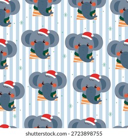 seamless pattern cute cartoon elephant with Christmas element drawing in stripe wallpaper