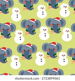 nahtloses Muster niedlichen Cartoon Elefant mit Weihnachtselement und Schneemann Zeichnung