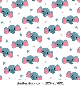 Seamless pattern with cute cartoon elephants on a white background. Vector illustration in minimalistic flat style, hand drawing. Heads of funny elephants. Children s print for textiles, print design