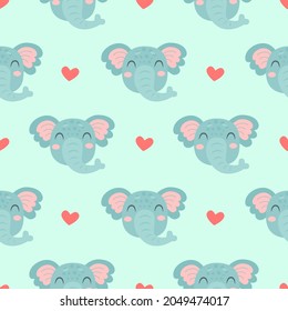 Patrón sin problemas con elefantes de dibujos animados lindos y corazones aislados en el fondo azul