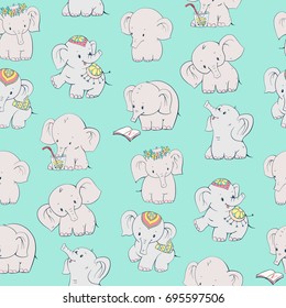 Seamless pattern with cute cartoon elephants. Vector illustration.