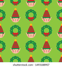 Seamless pattern with cute cartoon elf and Christmas wreath