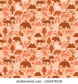 Seamless pattern with cute cartoon , elks, deer, bears, rabbits, beaver, rabbits on peach background. 